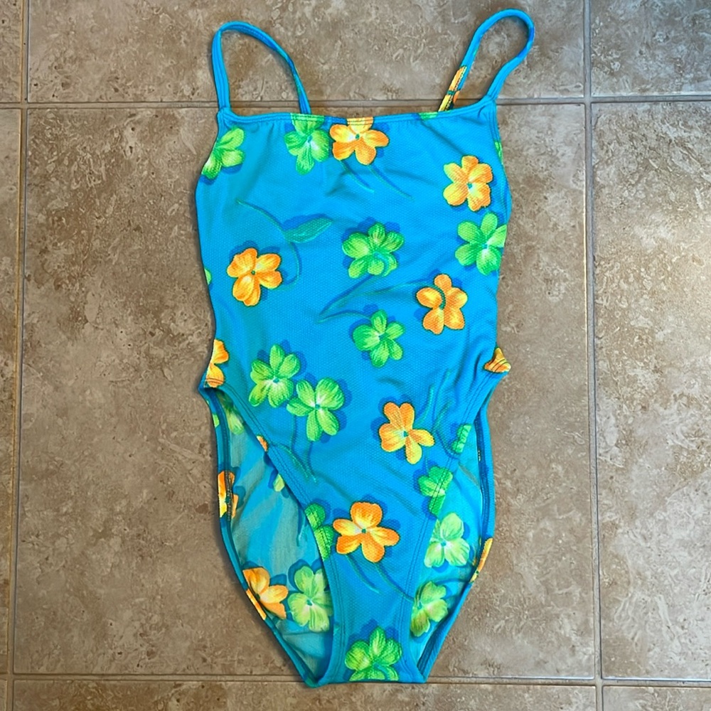 Teal, floral one-piece swimsuit